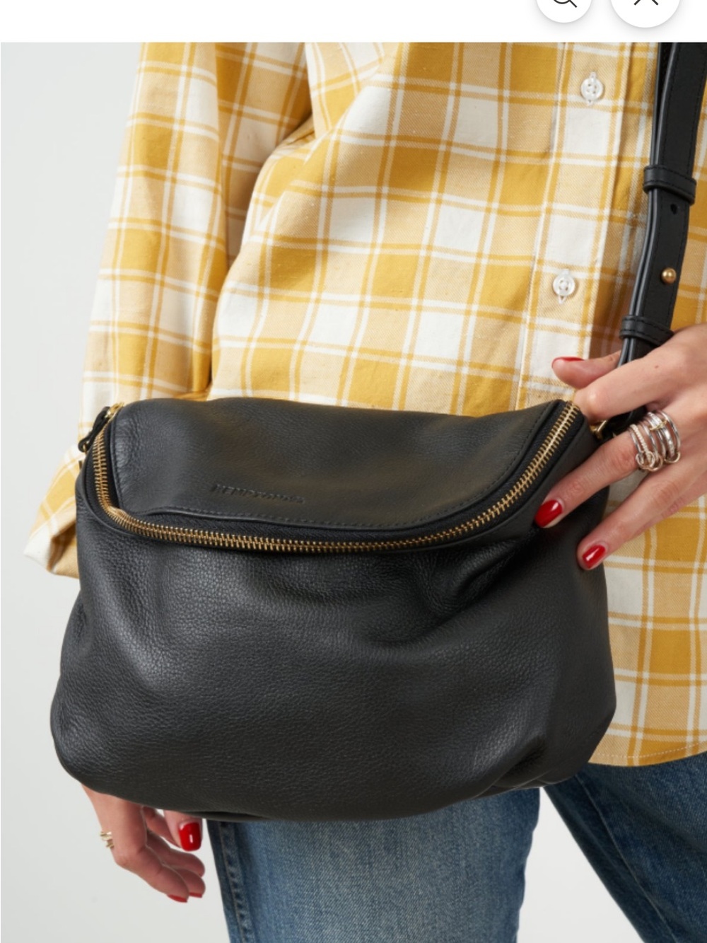 Margot Black Leather Crossbody with Gold-Trim Zipper